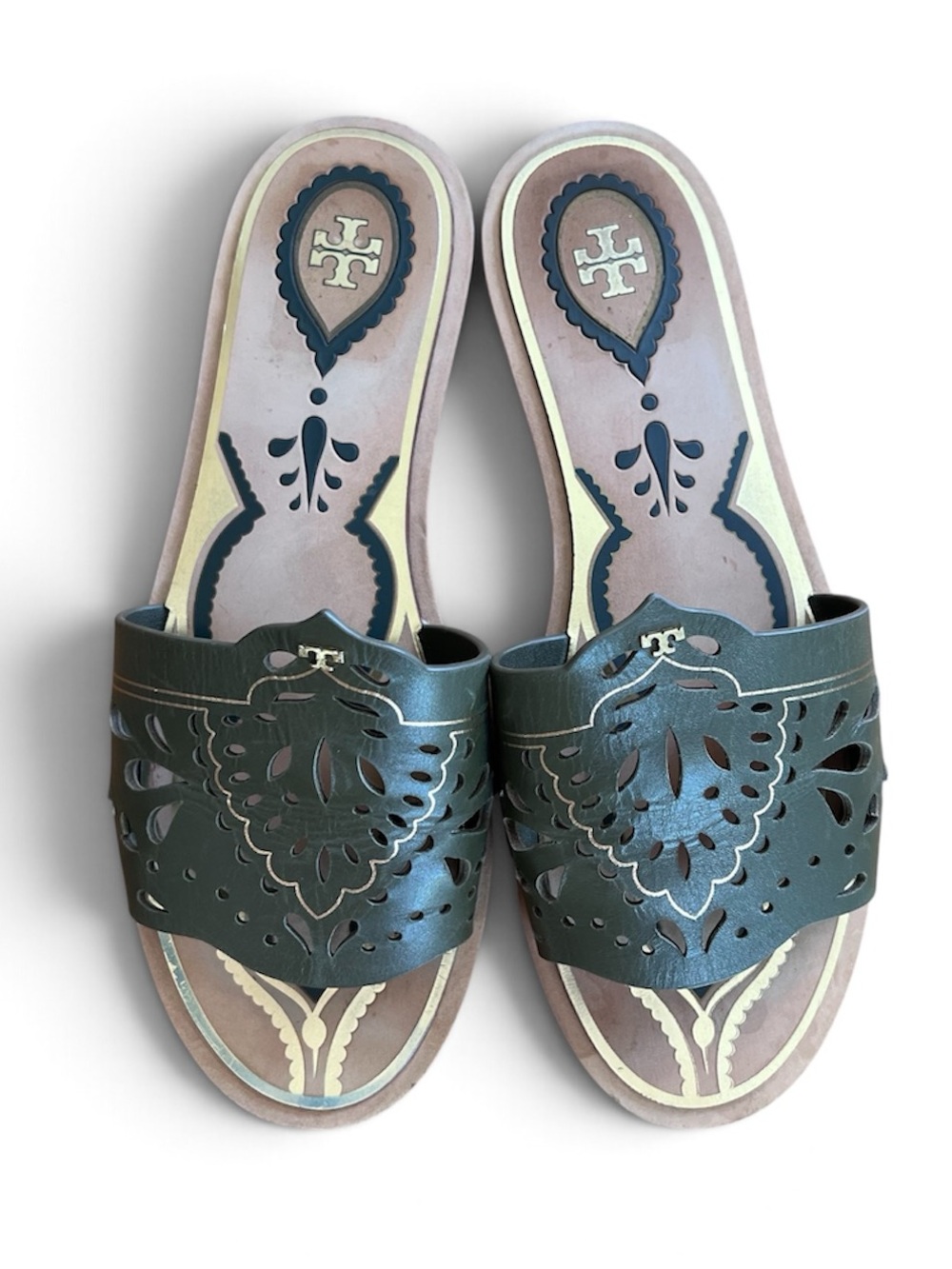 Tory Burch Annika Flat Slide Olive Green Gold Laser Cut Sandals Size 8.5